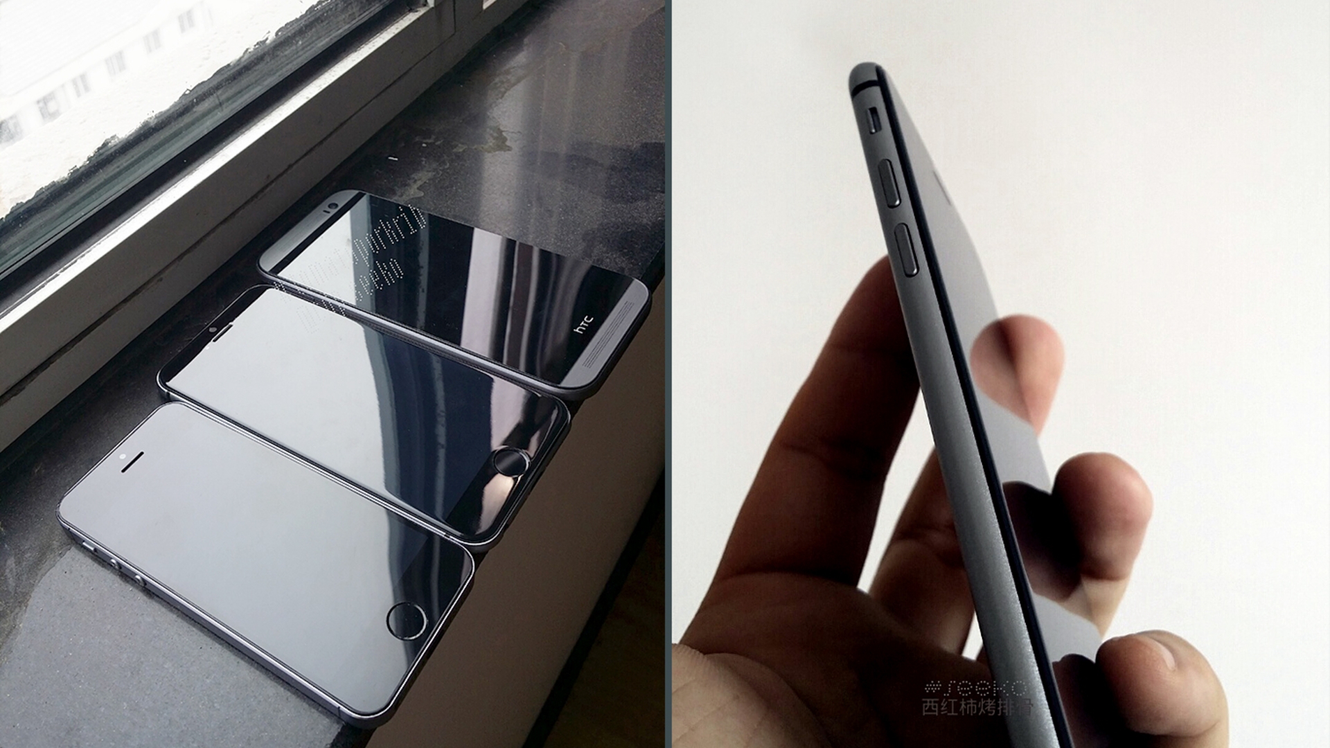 Der iPhone 6-Dummy zwischen einem iPhone 5s und einem HTC One M8