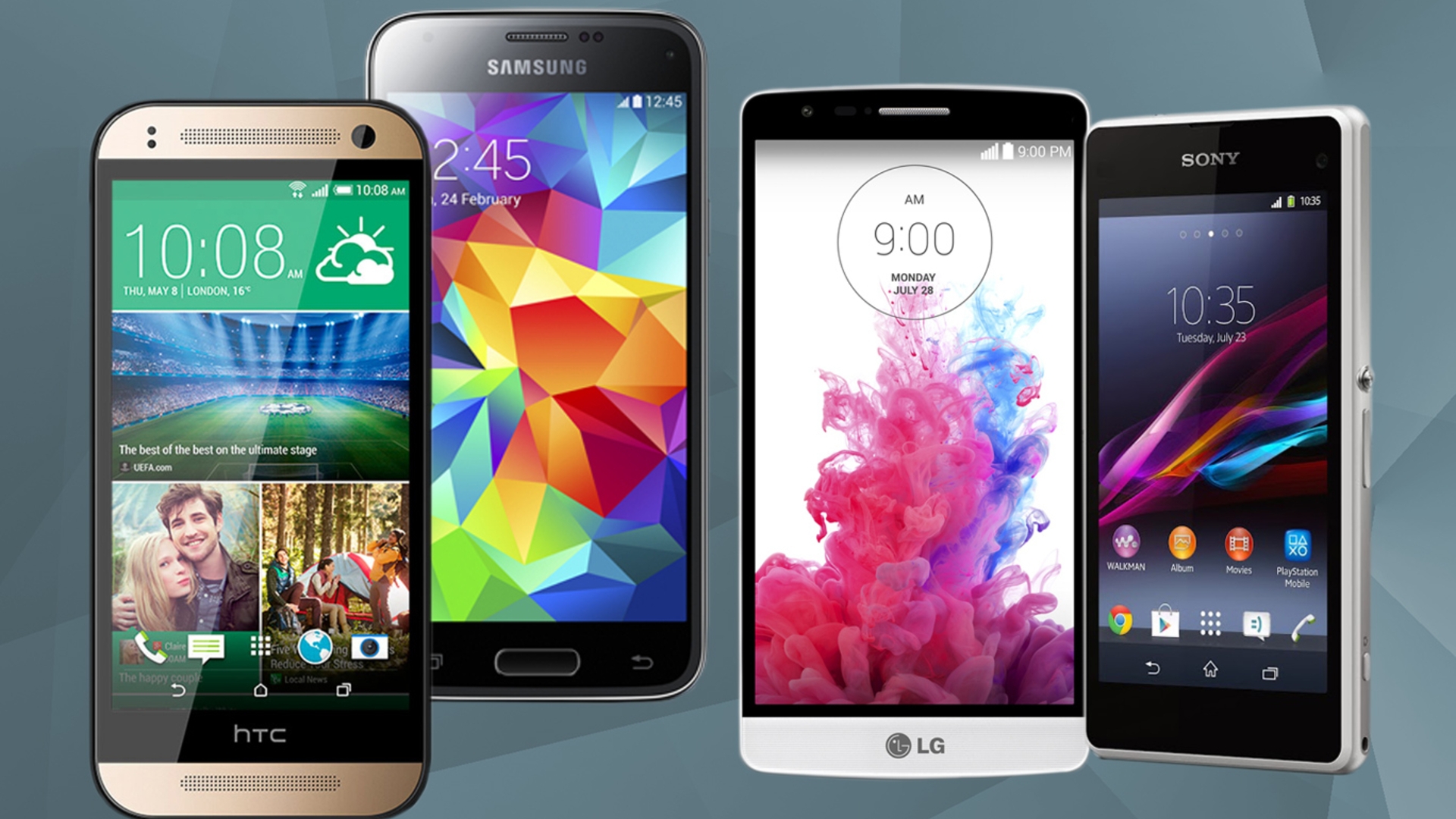 Mini-Ausgaben der Flaggschiff-Smartphones: HTC One mini 2, Samsung Galaxy S5 mini, LG G3 S und Sony Xperia Z1 Compact.