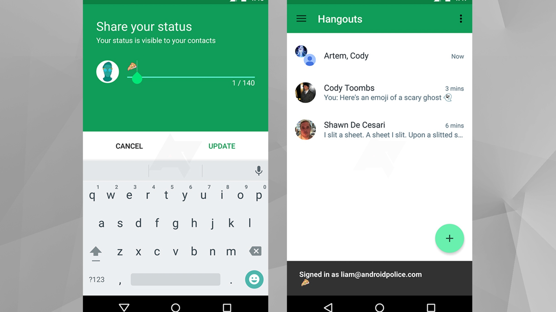 Hangouts 4.0 Status (l.: aktuelle Hangouts, r.: Hangouts 4.0)