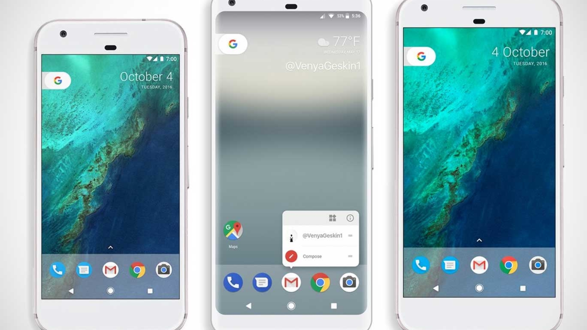 So könnte das Google Pixel 2 XL im Vergleich zum Pixel (links) und Pixel XL (rechts) aussehen