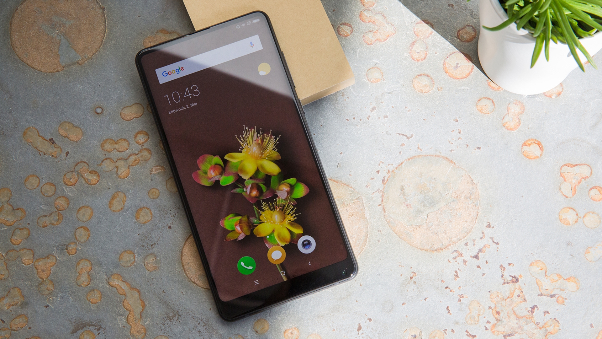 Xiaomi Mi Mix 2s auf Tisch mit Pflanze