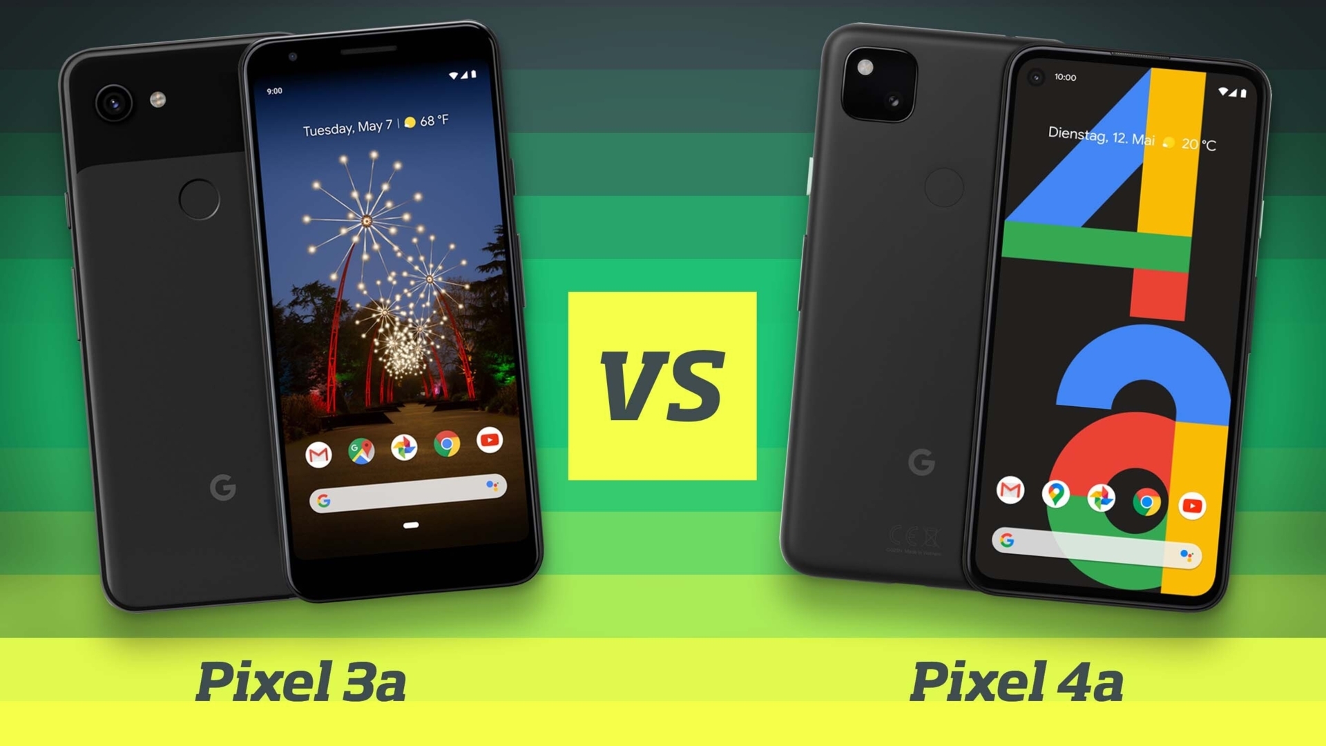 Google Pixel 3a und Pixel 4a von vorne und hinten nebeneinander