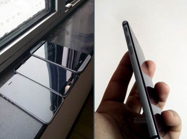 Der iPhone 6-Dummy zwischen einem iPhone 5s und einem HTC One M8