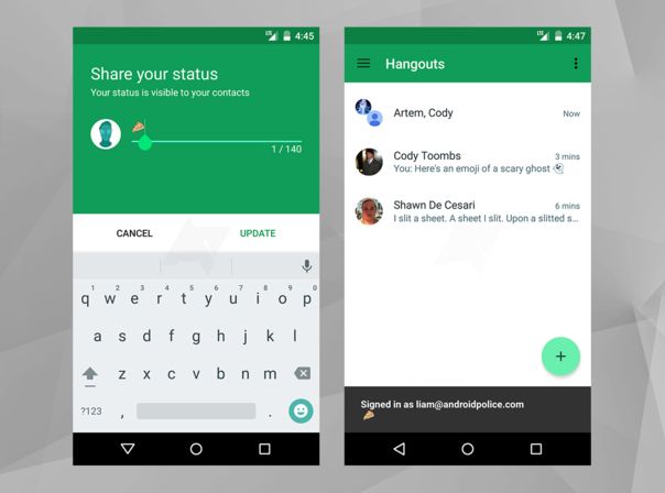 Hangouts 4.0 Status (l.: aktuelle Hangouts, r.: Hangouts 4.0)