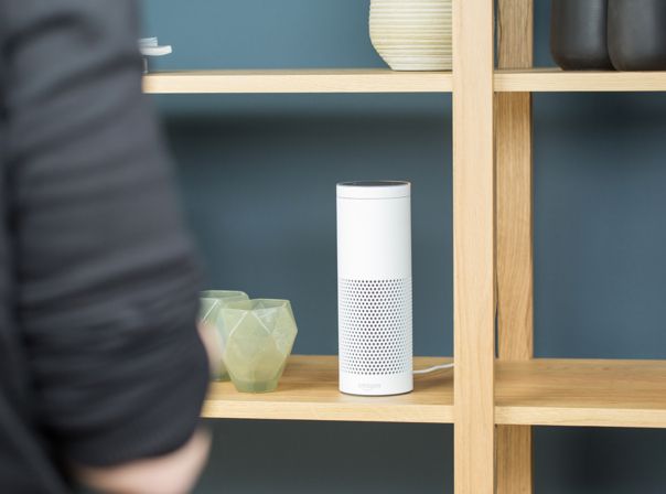 Frau steht vor Regal in dem Amazon Echo steht