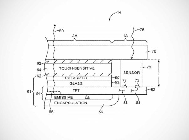 Apple iphone 8 Patent Licht Sensor auf einer Ebene mit Display