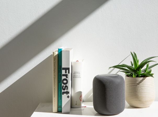 Der HomePod zwischen Büchern und einer Pflanze