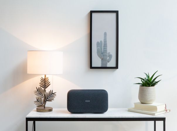 Der Google Home Max steht im Wohnzimmer zwischen Deko und einer Pflanze.