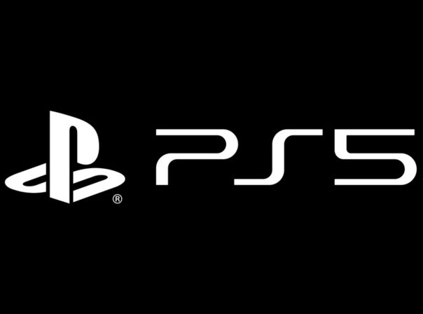 Das PlayStation 5 Logo in Weiß auf schwarzem Hintergrund