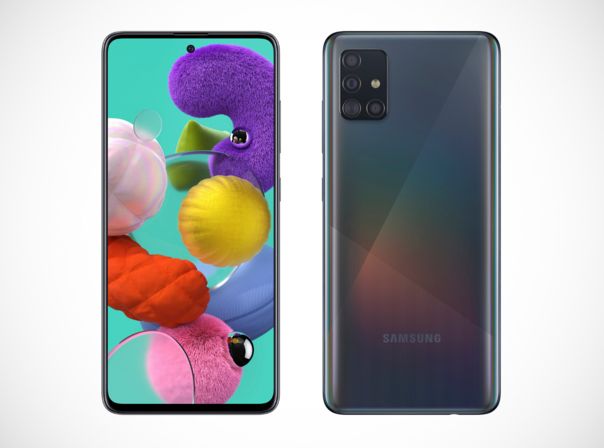 Das Samsung Galaxy A51 in der Farbe Prism Crush Black beziehungsweise Schwarz von vorne und hinten.