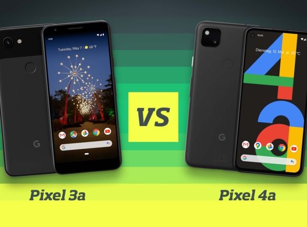 Google Pixel 3a und Pixel 4a von vorne und hinten nebeneinander