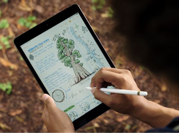 Mann bedient iPad 8. Generation von 2020 mit Apple Pencil