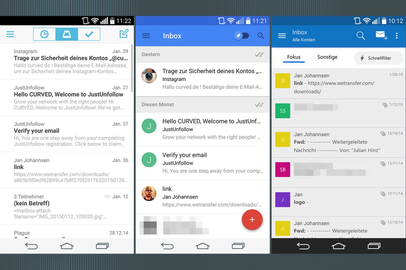 Die Posteingänge von Mailbox, Inbox und Outlook im Vergleich.