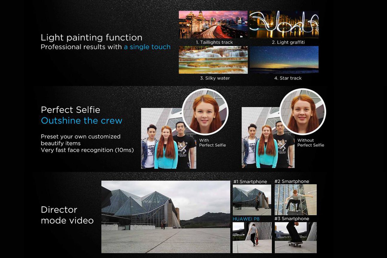 Huawei versucht beim P8 auch mit Lichtmalerei, perfekten Selfies und einen Regisseur Modus zu punkten.