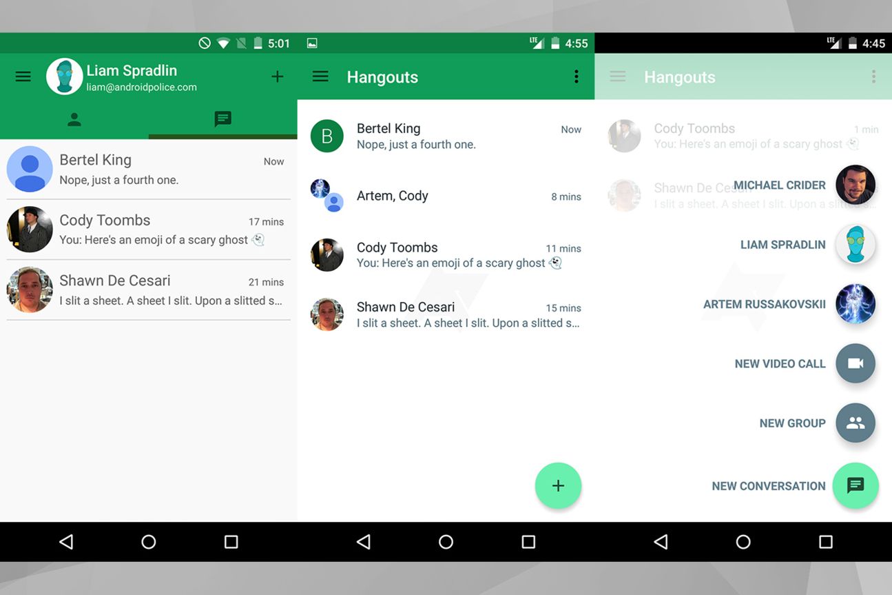 Hangouts 4.0 Main Screen (l.: aktuelle Hangouts, r.: Hangouts 4.0)