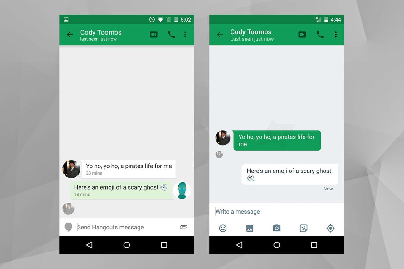 Hangouts 4.0 Chat Screen (l.: aktuelle Hangouts, r.: Hangouts 4.0)