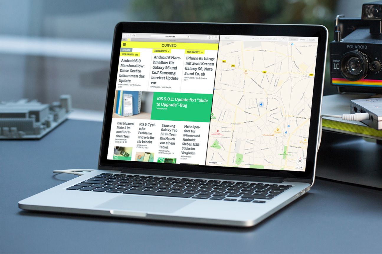 Splitscreen: Links CURVED, rechts Apple Maps-