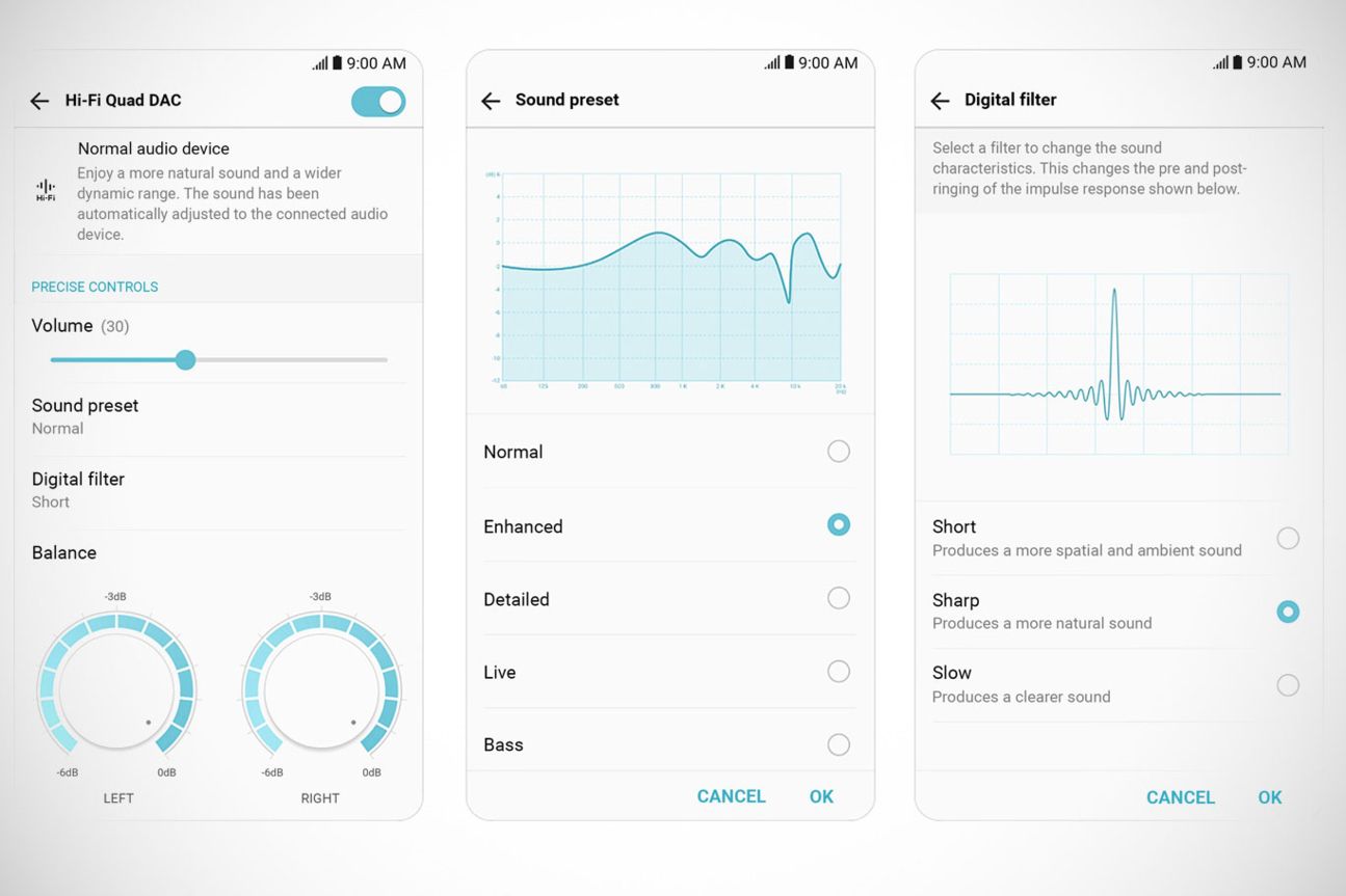 So sieht das Audio-Menü des LG V30 aus