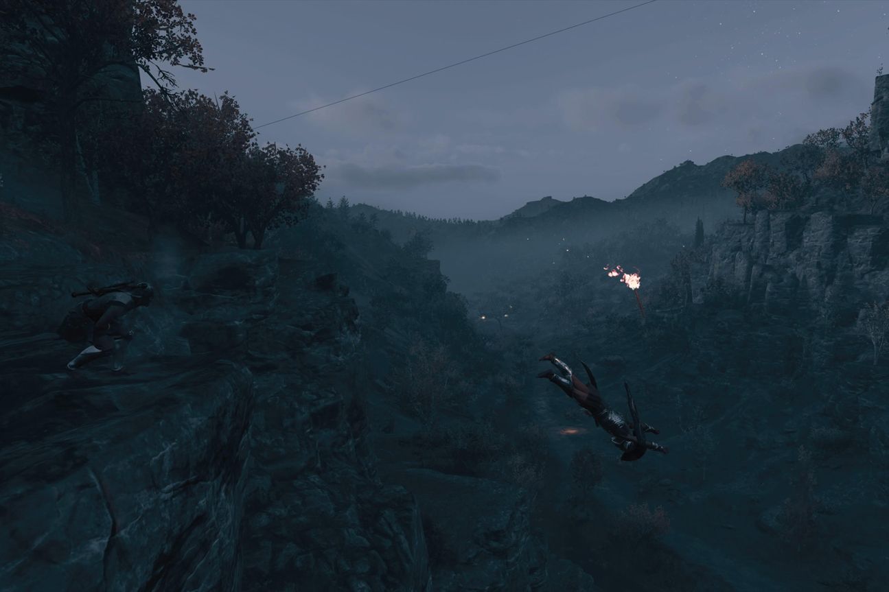 Ein Gegner fliegt bei Assassins Creed Odyssey durch die Luft.