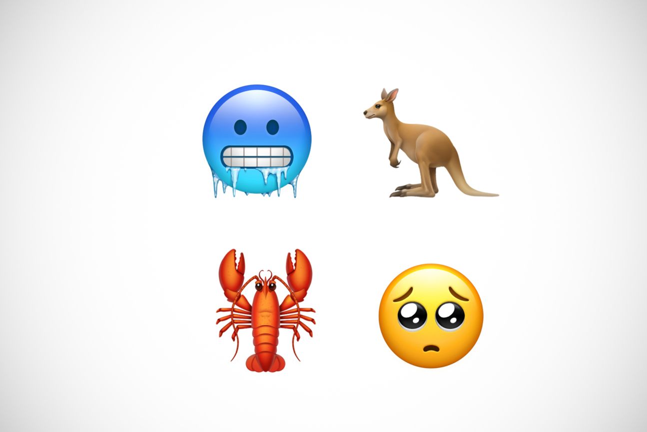 Die Emojis Smiley mit kaltem Gesicht, Känguru, Hummer und Emoji mit bittendem Gesichtsausdruck vor weißem Hintergrund