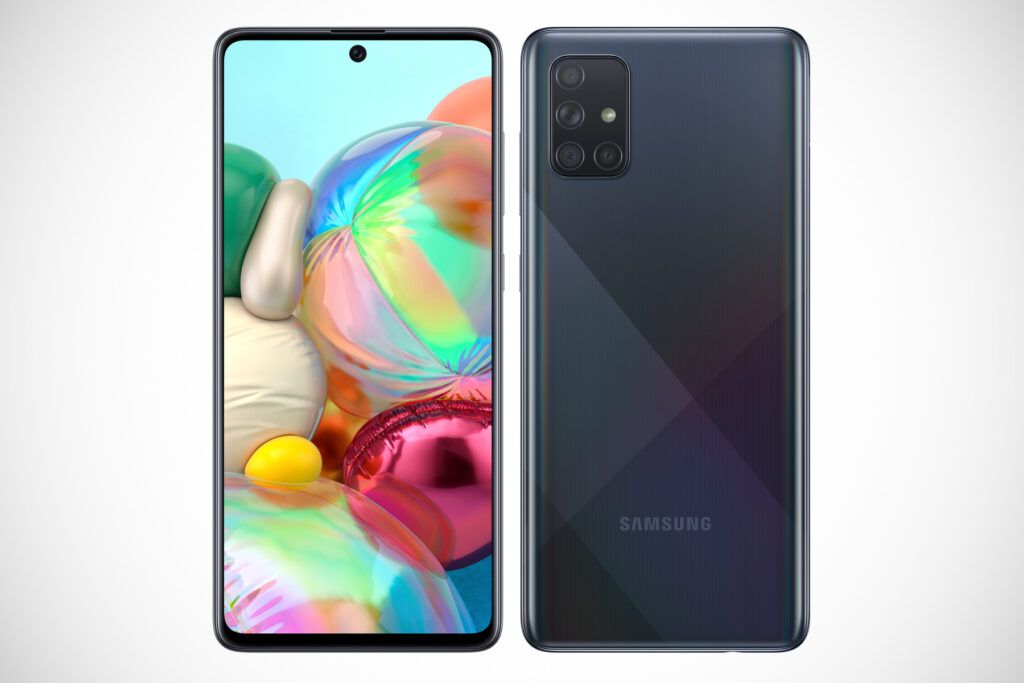 Das Samsung Galaxy A71 in der Farbe Schwarz von vorne und hinten