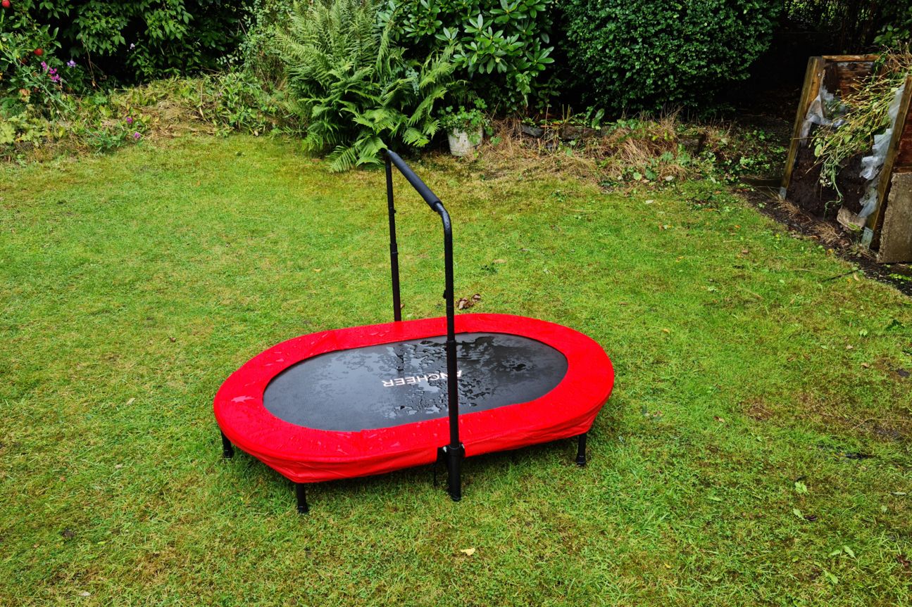 Gartenaufnahme mit Trampolin.