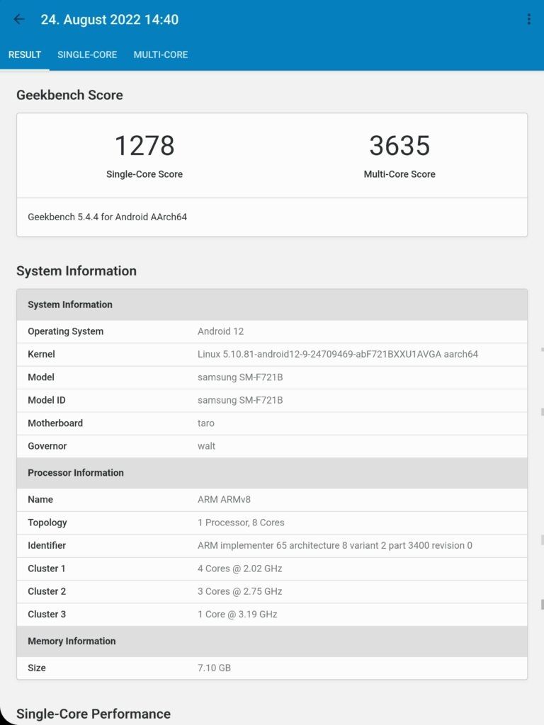 Samsung Galaxy Z Flip 4 Geekbench5 Ergebnisse Screenshot