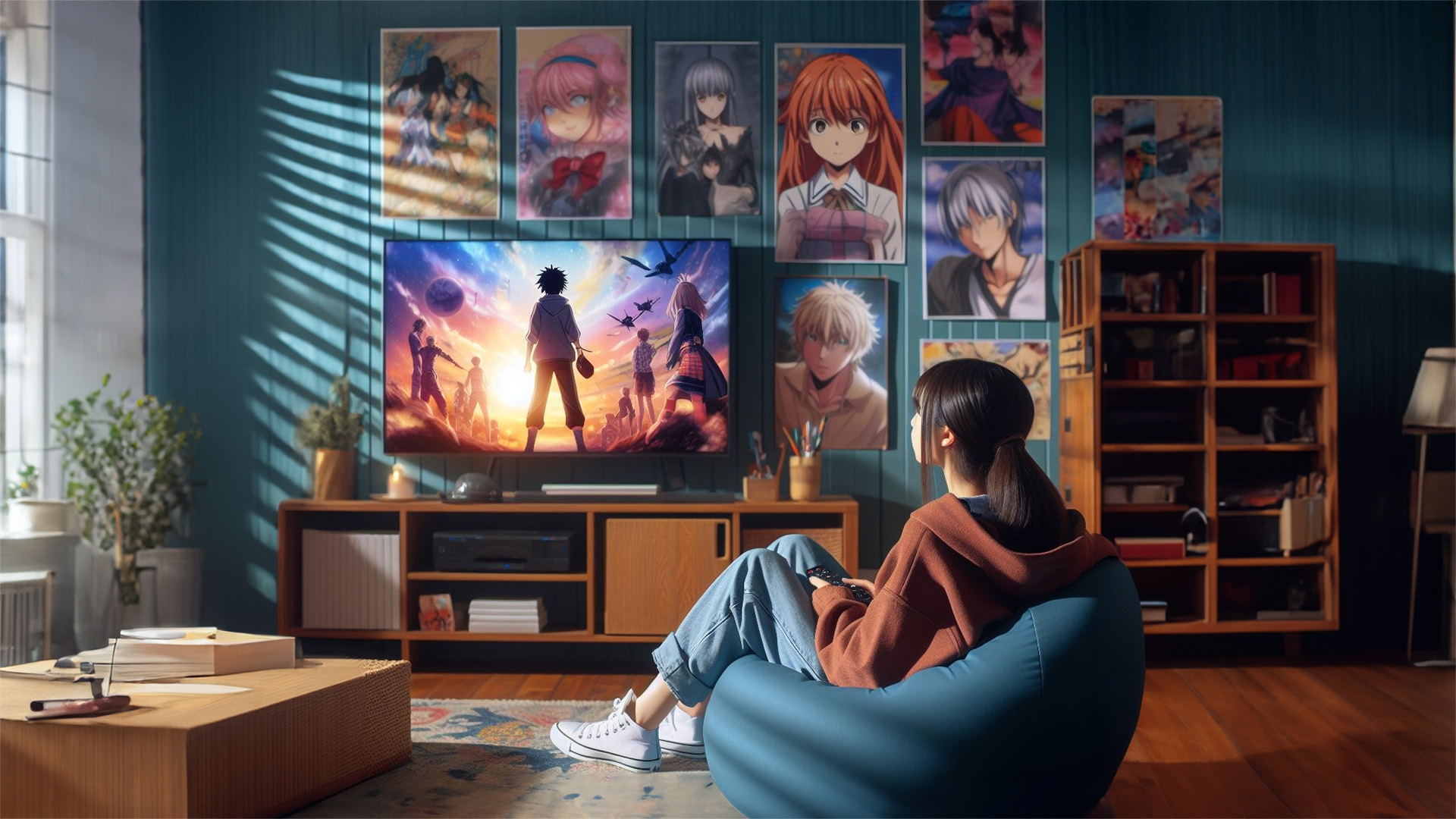 Person schaut Animes im Wohnzimmer